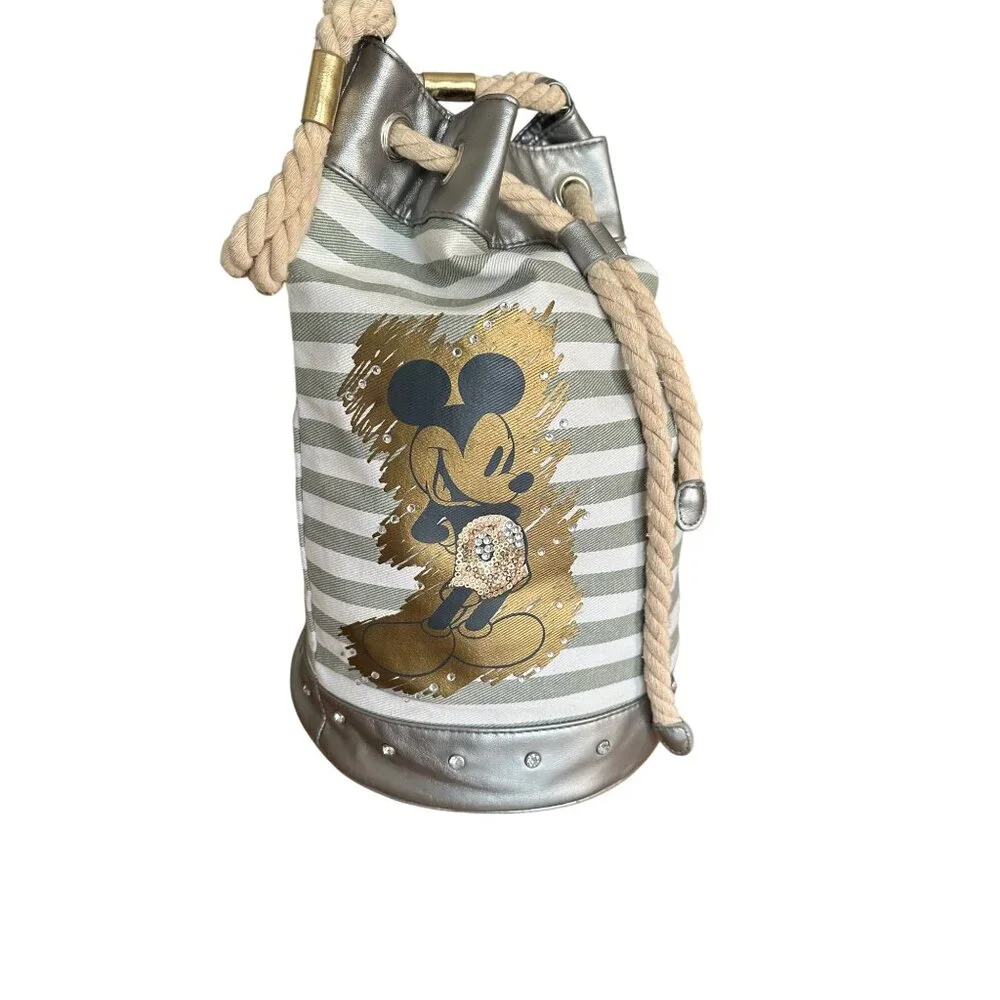 Disney Mickey Mouse Canvas & Faux Leather Bucket Bag With Rope Handle Rusack